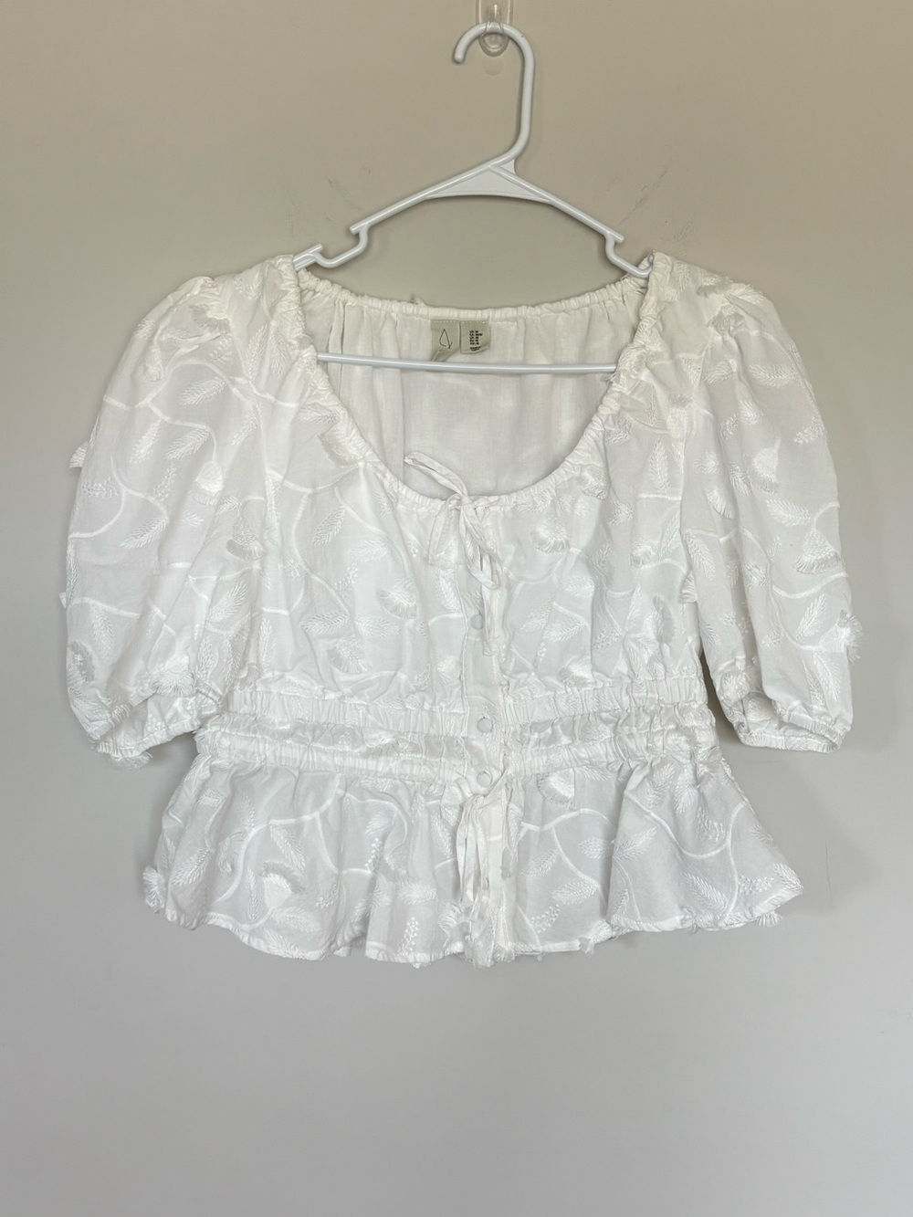 Joie White Cotton Embroidered Puff Sleeve Peplum Tie Front Blouse Sz Medium